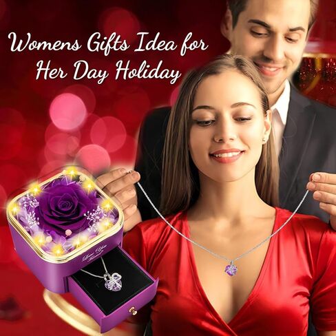 وردة حمراء حقيقية مع قلادة على شكل قلب - هدايا عيد ميلاد من الزهور الأبدية للنساء والزوجة والأم والصديقة والجدة، فكرة هدية في عيد الميلاد وعيد الحب للأم - باللون الأحمر in Kuwait