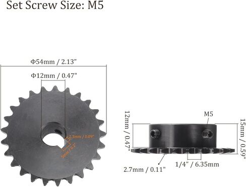 25 Tooth Roller Chain Sprocket B Type - [12mm Bore x 6.35mm Pitch ] with Set Screws for ISO 04C Chain Use, 45 Steel in Saudi Arabia