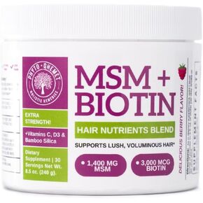 Qhemet Biologics MSM + Biotin Hair Nutrient Blend - Hair Vitamins Powder to Support Lush Volume - Bamboo Silica & Vitamins D3 + B12 for Hair Health - Jumpstart Your Rapid Hair Growth Journey (8.5 oz)