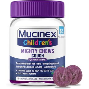 Mucinex Children's Mighty Chews Nighttime Kids Cough Medicine, Easy to Dose Cough Suppressant with Dextromethorphan, Kids Travel Medicine for Cough, Mixed Berry Flavor, 16 Medicated Chewable Tablets