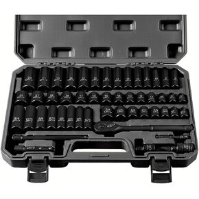 3/8" Drive Socket Set 50-Piece, SAE (5/16" - 3/4") & Metric (8mm - 22mm), Deep & Shallow Impact Socket Set with Case, 6 Points, Premium CR-V, Extension Bars, Universal Joint & Power Drill Adapter