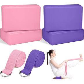Jexine 6 Pcs Yoga Block and Yoga Strap Set 4 Pcs Yoga Blocks 9 x 6 x 3 Inches Eva Foam Block Pilates Block 2 Pcs Cotton Yoga Strap for Beginners Experienced Pilates Fitness Stretching
