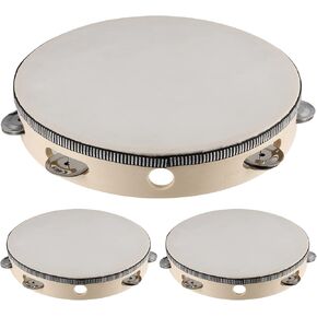 3 Pack 10 Inch Tambourine for Adults Wooden Tambourine, Hand Held Drum Bell Birch Metal Jingles Percussion, Single Row Instrument Wood Tambourine Musical Instrument for Church, KTV, Party