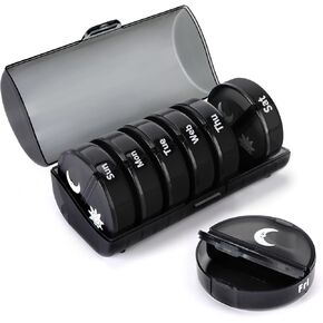 Weekly Pill Organizer 2 Times a Day, Travel Pill Box 7 Day, AM PM Twice a Day Pill Case, Portable Daily Vitamin Organizers for Medication, Vitamins, Fish Oil, Supplements (Black)
