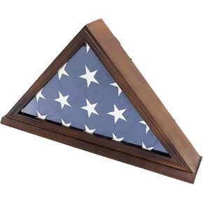 Flag Display Case, Thick Bottom Edge Military Flag Box with High Transparent Glass Front, Solid Wood Wall Mounted Flag Case Shadow Box for 5'x9.5' American Veteran Burial Flag (Walnut Color)