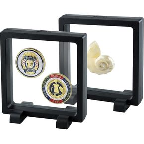 Challenge Coin Display Case, 4.3" H Coin Display Frame, Clear 3D Floating Holders, Small Shadow Boxes for Medal, AA Medallions, Jewelry, Challenge Coins, Black, Set of 2