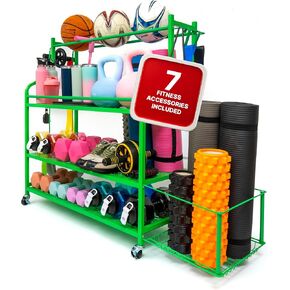 Dumbbell Rack – Weight Rack for Home Gym with Fitness Accessories – Neon Green Weight Storage Racks with Wheels – Home Gym Storage Rack with Side Basket for Dumbbells, Balls, Kettlebells