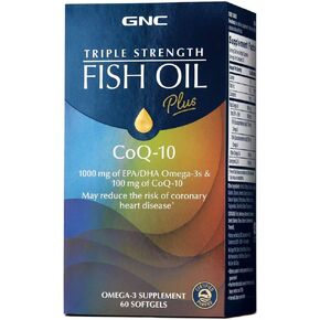 GNC Triple Strength Fish Oil Plus CoQ-10 | 1000 mg of EPA/DHA Omega-3s, 100mg of CoQ-10, Supports Heart, Brain, Skin, Eye and Joint Health | 60 Softgels
