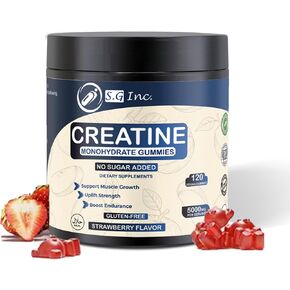 S.G Creatine Monohydrate Gummies for Men & Women ‒ Sugar Free 5g Creatine Monohydrate Gummies for Muscle Support ‒ Pre-Work Out Chewable Supplements for Energy Boost ‒ Strawberry Flavored 120 Gummies