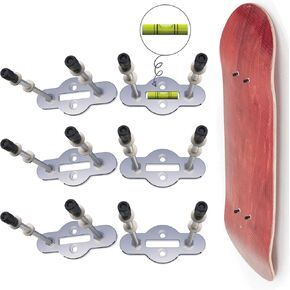 6 Pack Skateboard Wall Mount, All-Metal Skateboard Hanger with Built-in Level, Two Screw Holes Durable Holder for a Floating Effect to Safely Store and Display Your Skate Decks Vertical or Horizontal