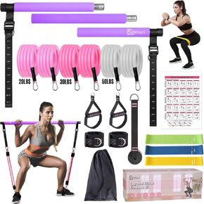 Pilates Bar Kit with Resistance Bands, Upgraded Multifunctional Screw Yoga Pilates Bar with Metal Adjustment Buckle, Portable Home Gym Pilates Bar for Women Full Body Workout Equipment Purple