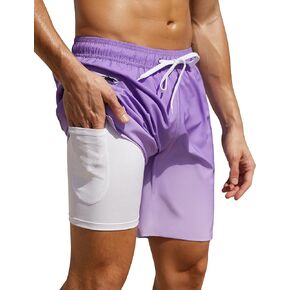 Nonwe Men's Swim Trunks with Compression Liner 2 in 1 Fast Dry Bathing Suits Cargo Surf Shorts with Pockets