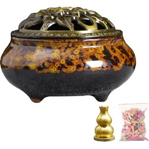 Ceramic Incense Burner with Lid, Bowl Burner， Cone Incense Burner, Ceramic Censer Suitable for Incense/Cone/Coil/Sticks, There are 30 Incense Cones+ Metal Incense Holder+Fireproof Cotton Inside.