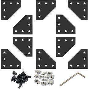 10pcs 2020 Series 5 Hole Surface Anodic Oxidation L Shape Plate Outside Corner Bracket Aluminum Profile Connector Set with 50pcs T Nut + 50pcs Hex Screw + 1pcs Wrench Black
