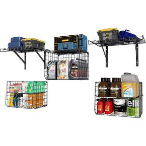 X-cosrack Wall Mounted Garage Shelving with Wire Basket, Heavy Duty Garage Wall Mounted Shelving with Dividers, Wire Shelving Basket Tool Organizer for Home Garden Garage Organization and Storage in Kuwait