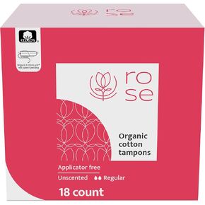 Rose Organic Tampons - Regular, Non Applicator, 100% Organic Cotton core and Security Veil, Unscented - 18 Count (Pack of 1)