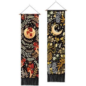 Pack of 2 Moon and Floral Tapestry Yellow and Green Plant Tapestry Botanical Tassel Tapestry Mystical Butterfly and Flower Tapestry Vertical Bohemian Tapestry Wall Hanging for Room(12.8 x 51.2 inches)