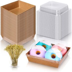 200 Pcs Paper Charcuterie Boxes with Clear Lids, 100 Brown Disposable Food Containers 100 Bamboo Skewers Square Bakery Boxes Cake Containers for Cake Pastry Dessert Cookie Salad Sandwich