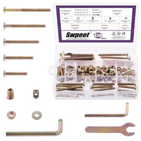 Swpeet 253Pcs M6 x 30/40/50/60/70/80mm Zinc Plated Crib Hardware Screws Kit, Hex Socket Head Cap Crib Bed Bolt and Barrel Nuts Flat Washer and Flange Nuts with Threaded Insert Nuts