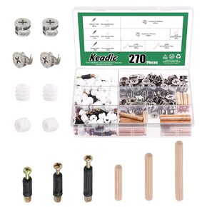 Keadic 270Pcs 3 in 1 Cam Lock Nuts and Wood Dowel Pins Assortment Set Furniture Connecting Fittings Nut Screws Bolts Fasteners Connectors for Cabinet Drawer Dresser Wardrobe Furniture Panel (Silver)