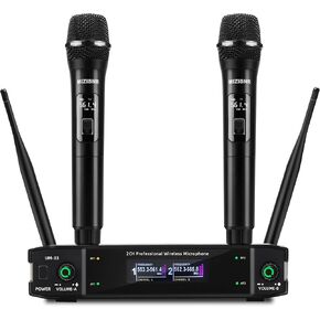 UHF Wireless Microphone Systems, Dual Cordless Handheld Dynamic Karaoke Mic Set, Auto Connect 300ft Range Transmission for Singing, Karaoke, DJ Party, Church, Wedding, PA Speaker
