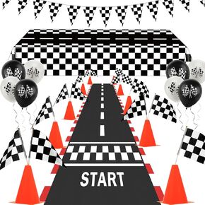 AHIER Race Car Party Decorations, 61 Pcs Set-12 Traffic Cones and 24 Racing Checkered Flags, 6.5Ft Racetrack Floor Runner and 9.8ft Checkered Race Track Banner, Tablecloth, Balloons and Ribbons