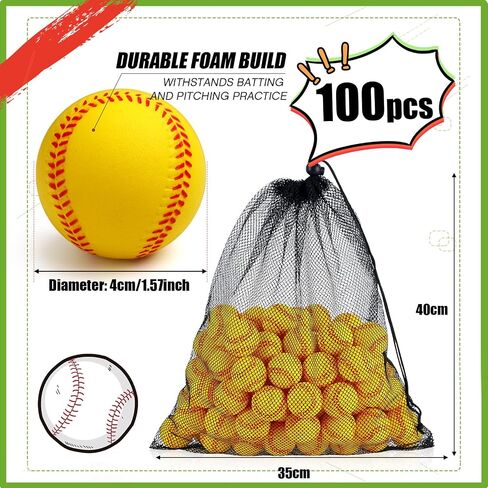 100 Pcs Mini Training Foam Baseballs Soft Baseballs with Storage Bag Practice Baseballs for Hitting Pitching Machines Batting Accuracy Indoor Outdoor Sports Teenager Players Play(Yellow) in Saudi Arabia