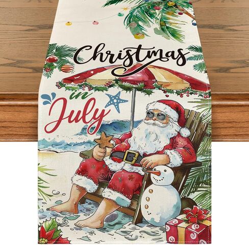 Artoid Mode Santa Claus Snowman Coconut Tree Christmas in July Table Runner, Summer Holiday Kitchen Dining Table Decoration for Home Party Decor 13x72 Inch in Kuwait