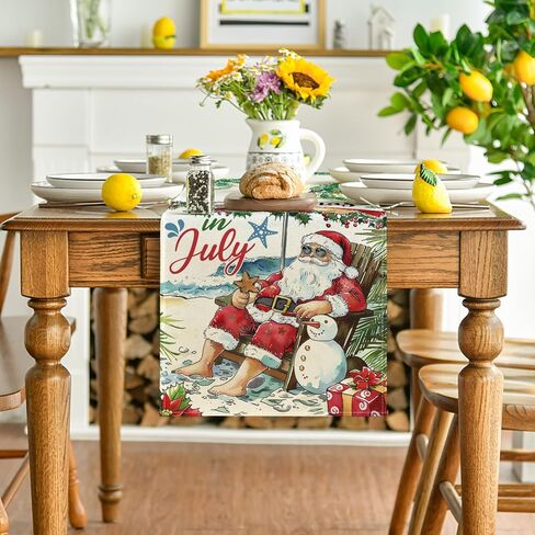 Artoid Mode Santa Claus Snowman Coconut Tree Christmas in July Table Runner, Summer Holiday Kitchen Dining Table Decoration for Home Party Decor 13x72 Inch in Kuwait