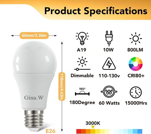 لمبات إضاءة LED قابلة للتعتيم 60 وات لمبات إضاءة بيضاء ناعمة، لمبة إضاءة e26 800 لومن لمبات إضاءة LED A19 3000K ETL مدرجة في 4 عبوات in Saudi Arabia