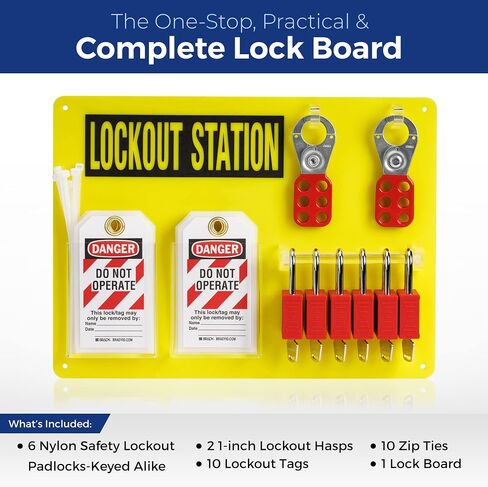 محطة BRADY Lockout Tagout مع أجهزة Loto. لوحة مجموعة أدوات القفل مع 6 قفل أمان على حد سواء، مشابك للأقفال، 10 علامات لا تعمل من أجل إمداد الأمان بالقفل - 153680 أصفر in Saudi Arabia