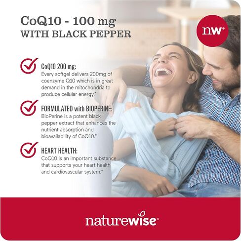 كبسولات هلامية من NatureWise CoQ10 100 مجم، CoQ10 عالي الامتصاص مع الفلفل الأسود BioPerine - مضاد للأكسدة لصحة القلب + الطاقة الخلوية - نباتي، غير معدّل وراثيًا، خالي من الغلوتين - 30 كبسولة هلامية [كمية تكفي لمدة شهر] in Saudi Arabia