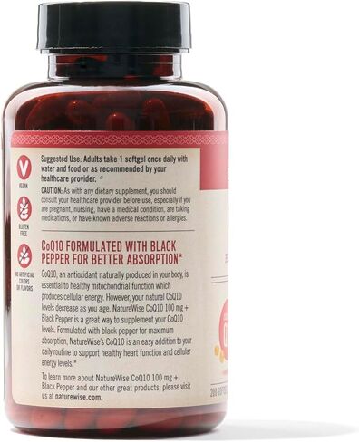 كبسولات هلامية من NatureWise CoQ10 100 مجم، CoQ10 عالي الامتصاص مع الفلفل الأسود BioPerine - مضاد للأكسدة لصحة القلب + الطاقة الخلوية - نباتي، غير معدّل وراثيًا، خالي من الغلوتين - 30 كبسولة هلامية [كمية تكفي لمدة شهر] in Saudi Arabia