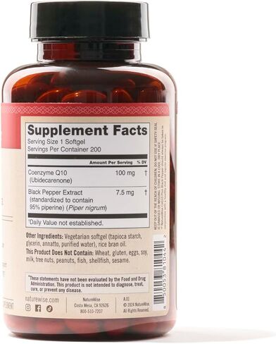 كبسولات هلامية من NatureWise CoQ10 100 مجم، CoQ10 عالي الامتصاص مع الفلفل الأسود BioPerine - مضاد للأكسدة لصحة القلب + الطاقة الخلوية - نباتي، غير معدّل وراثيًا، خالي من الغلوتين - 30 كبسولة هلامية [كمية تكفي لمدة شهر] in Saudi Arabia