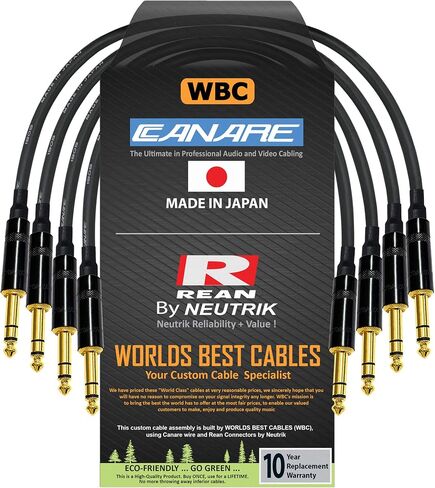 WORLDS BEST CABLES 4 Units - 1 Foot - Canare L-4E6S Star Quad, Patch Cable terminated with Neutrik-Rean NYS ¼ Inch (6.35mm) Gold TRS Stereo Phone Plugs - CUSTOM MADE in Saudi Arabia