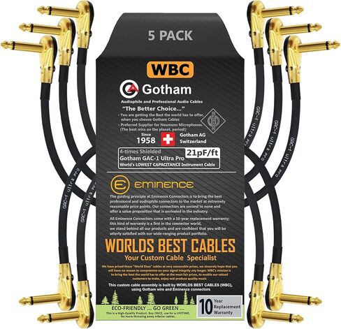 WORLDS BEST CABLES 5 Units - 5 Inch - Gotham GAC-1 Ultra Pro - Low-Cap (21pF/ft) Guitar Bass Effects Instrument, Patch Cable & Gold (6.35mm) Low-Profile R/A Pancake type Connectors - CUSTOM MADE in Saudi Arabia