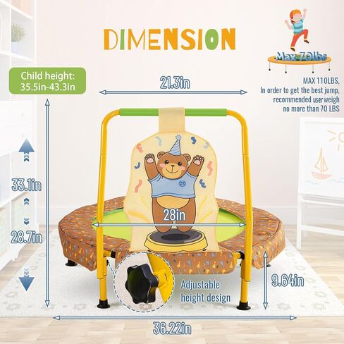 WMK 36 بوصة ترامبولين صغير داخلي للأطفال من سن 3 إلى 10 سنوات، ترامبولين صغير قابل للطي بطول 3 أقدام مع شريط مقبض قابل للتعديل، إطار قوي وغطاء إطار مبطن، أصفر in Kuwait