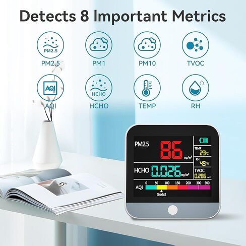 جهاز مراقبة جودة الهواء 8 في 1، PM2.5 داخلي، PM10، TVOC، الفورمالديهايد، الرطوبة، جهاز مراقبة تلوث الهواء متعدد الوظائف لدرجة الحرارة، جهاز قياس جودة الهواء الداخلي المحمول للمكتب المنزلي، يعمل بالبطارية in Kuwait