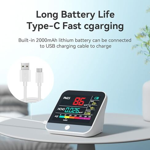 جهاز مراقبة جودة الهواء 8 في 1، PM2.5 داخلي، PM10، TVOC، الفورمالديهايد، الرطوبة، جهاز مراقبة تلوث الهواء متعدد الوظائف لدرجة الحرارة، جهاز قياس جودة الهواء الداخلي المحمول للمكتب المنزلي، يعمل بالبطارية in Kuwait