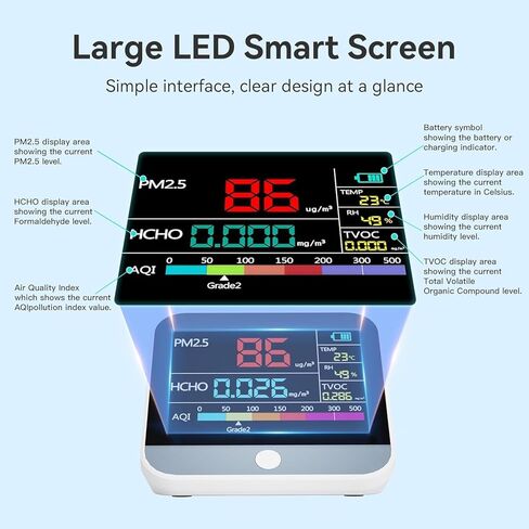 جهاز مراقبة جودة الهواء 8 في 1، PM2.5 داخلي، PM10، TVOC، الفورمالديهايد، الرطوبة، جهاز مراقبة تلوث الهواء متعدد الوظائف لدرجة الحرارة، جهاز قياس جودة الهواء الداخلي المحمول للمكتب المنزلي، يعمل بالبطارية in Kuwait