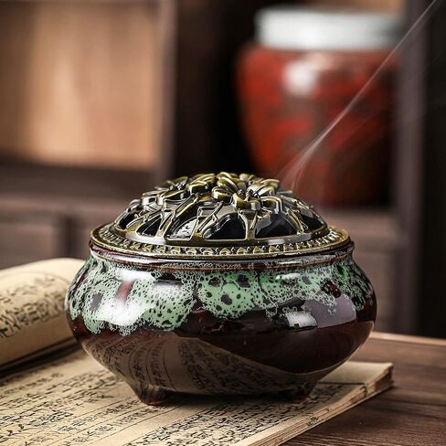 Ceramic Incense Burner with Lid, Bowl Burner， Cone Incense Burner, Ceramic Censer Suitable for Incense/Cone/Coil/Sticks, There are 30 Incense Cones+ Metal Incense Holder+Fireproof Cotton Inside. in Saudi Arabia