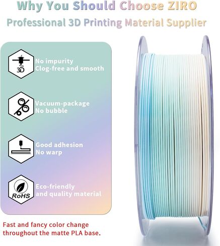 ZIRO PLA Filament 1.75 مم، خيوط طابعة ثلاثية الأبعاد متعددة الألوان غير لامعة، تغيير متدرج اللون PLA، تغيير سريع للون حسب الطول، يناسب معظم طابعات FDM، دقة الأبعاد +/-0.03 مم، طيف باستيل 1 كجم in Kuwait