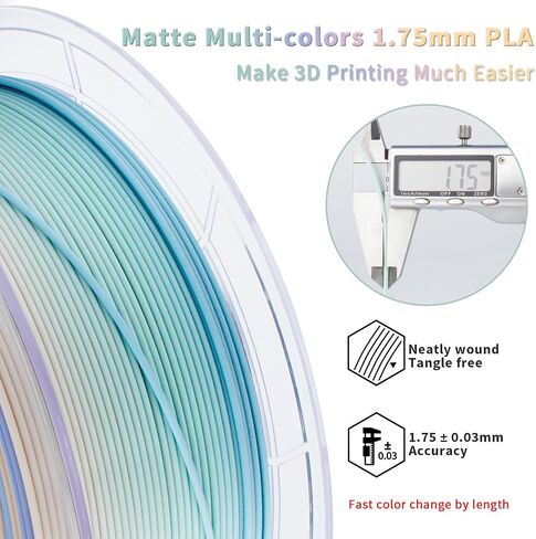 ZIRO PLA Filament 1.75 مم، خيوط طابعة ثلاثية الأبعاد متعددة الألوان غير لامعة، تغيير متدرج اللون PLA، تغيير سريع للون حسب الطول، يناسب معظم طابعات FDM، دقة الأبعاد +/-0.03 مم، طيف باستيل 1 كجم in Kuwait