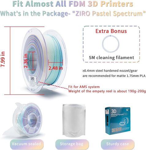 ZIRO PLA Filament 1.75 مم، خيوط طابعة ثلاثية الأبعاد متعددة الألوان غير لامعة، تغيير متدرج اللون PLA، تغيير سريع للون حسب الطول، يناسب معظم طابعات FDM، دقة الأبعاد +/-0.03 مم، طيف باستيل 1 كجم in Kuwait