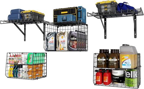 X-cosrack Wall Mounted Garage Shelving with Wire Basket, Heavy Duty Garage Wall Mounted Shelving with Dividers, Wire Shelving Basket Tool Organizer for Home Garden Garage Organization and Storage in Kuwait