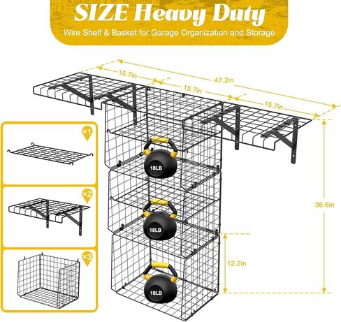 X-cosrack Wall Mounted Garage Shelving with Wire Basket, Heavy Duty Garage Wall Mounted Shelving with Dividers, Wire Shelving Basket Tool Organizer for Home Garden Garage Organization and Storage in Kuwait