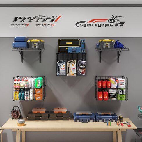 X-cosrack Wall Mounted Garage Shelving with Wire Basket, Heavy Duty Garage Wall Mounted Shelving with Dividers, Wire Shelving Basket Tool Organizer for Home Garden Garage Organization and Storage in Kuwait