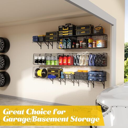 X-cosrack Wall Mounted Garage Shelving with Wire Basket, Heavy Duty Garage Wall Mounted Shelving with Dividers, Wire Shelving Basket Tool Organizer for Home Garden Garage Organization and Storage in Kuwait