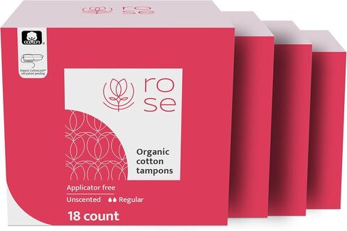 Rose Organic Tampons - Regular, Non Applicator, 100% Organic Cotton core and Security Veil, Unscented - 18 Count (Pack of 1) in Saudi Arabia