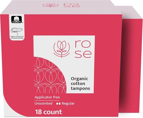 Rose Organic Tampons - Regular, Non Applicator, 100% Organic Cotton core and Security Veil, Unscented - 18 Count (Pack of 1) in Saudi Arabia